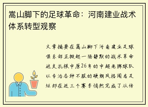 嵩山脚下的足球革命：河南建业战术体系转型观察