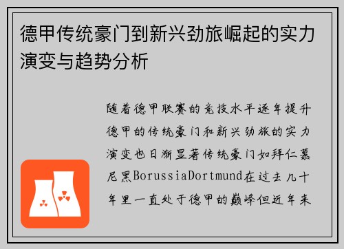 德甲传统豪门到新兴劲旅崛起的实力演变与趋势分析