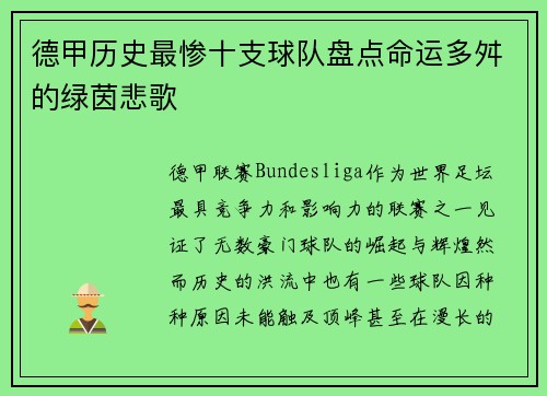 德甲历史最惨十支球队盘点命运多舛的绿茵悲歌