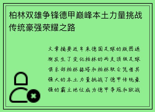 柏林双雄争锋德甲巅峰本土力量挑战传统豪强荣耀之路