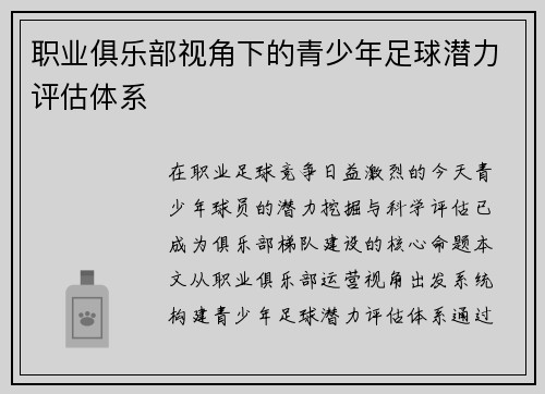 职业俱乐部视角下的青少年足球潜力评估体系